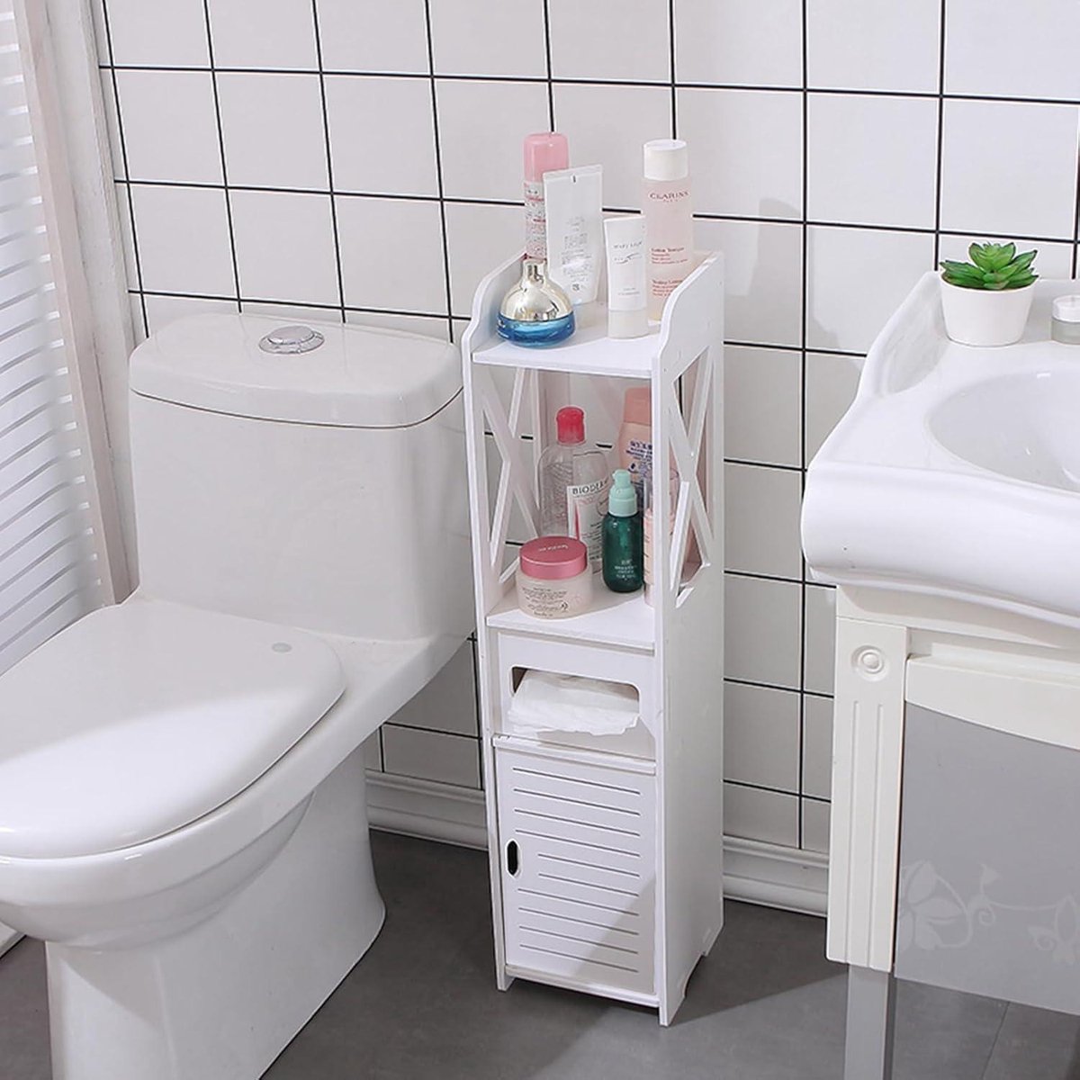 Free-standing Toilet Cabinet Narrow Tall Cabinet White Toilet Roll Holder - Bathroom Rack 80 x 20 x 18 cm bathroom tall cabinets