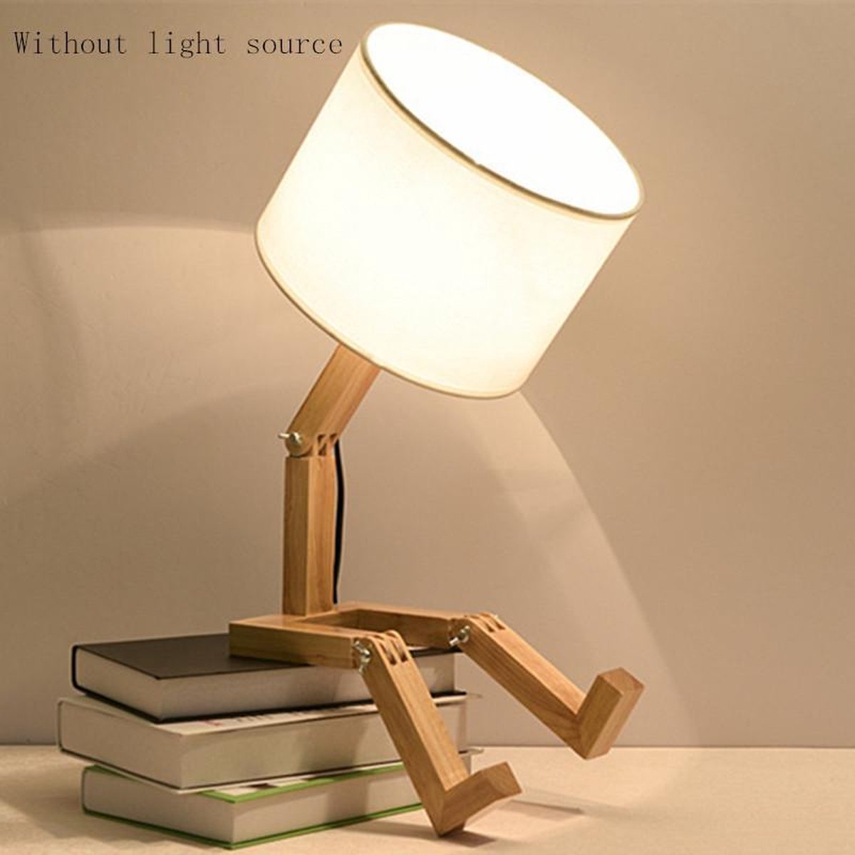 TDR - LED-bureaulamp met boekenhouder - Scandinavisch design - Witte stoffen kap - Houten mannetje met verstelbare gewrichten - Exclusief lichtbron