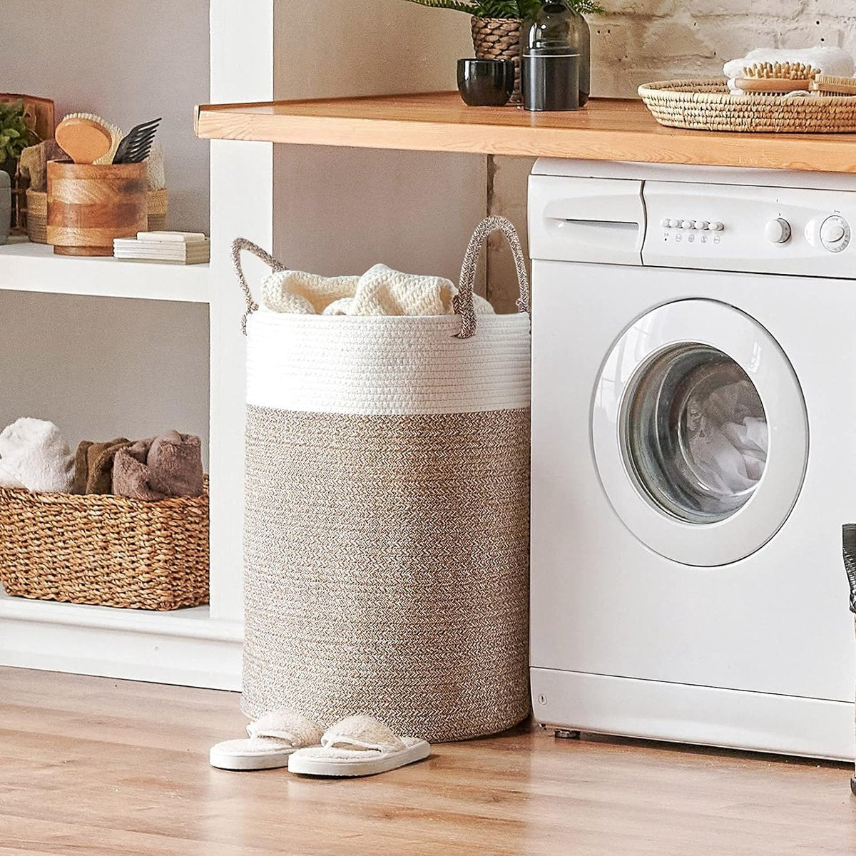 Wasmand, gevlochten van katoen, touwmand met handgrepen, grote opbergmand voor speelgoed in de kinderkamer, dekens in de woonkamer, D 35 x H 50 cm, wit en bruin