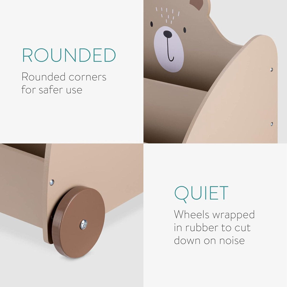 Kids bookcase with wheels - Wooden storage rack for children with 3 compartments - Montessori toy and book organizer - 60 x 58 x 40 cm - Brown bear toy cabinet