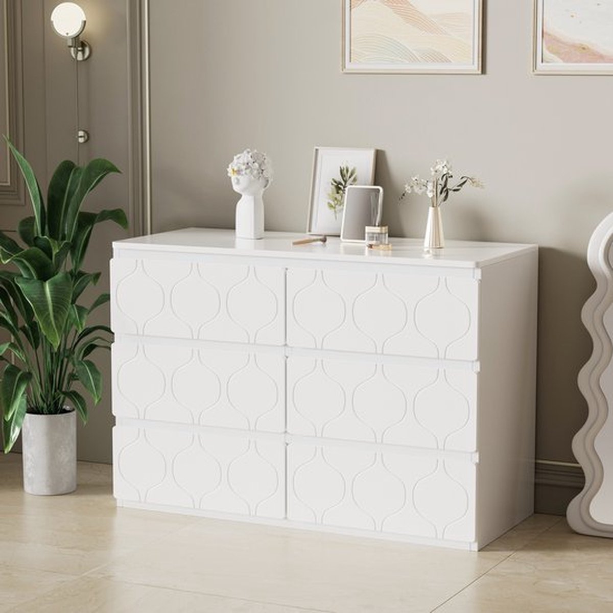 Dressoir met 6 laden, halkast, voor woonkamer, badkamer en slaapkamer, golfpatroon, gelakt, slagvast hoekontwerp, 6-vaks, 110 B x 40 D x 72 H, wit