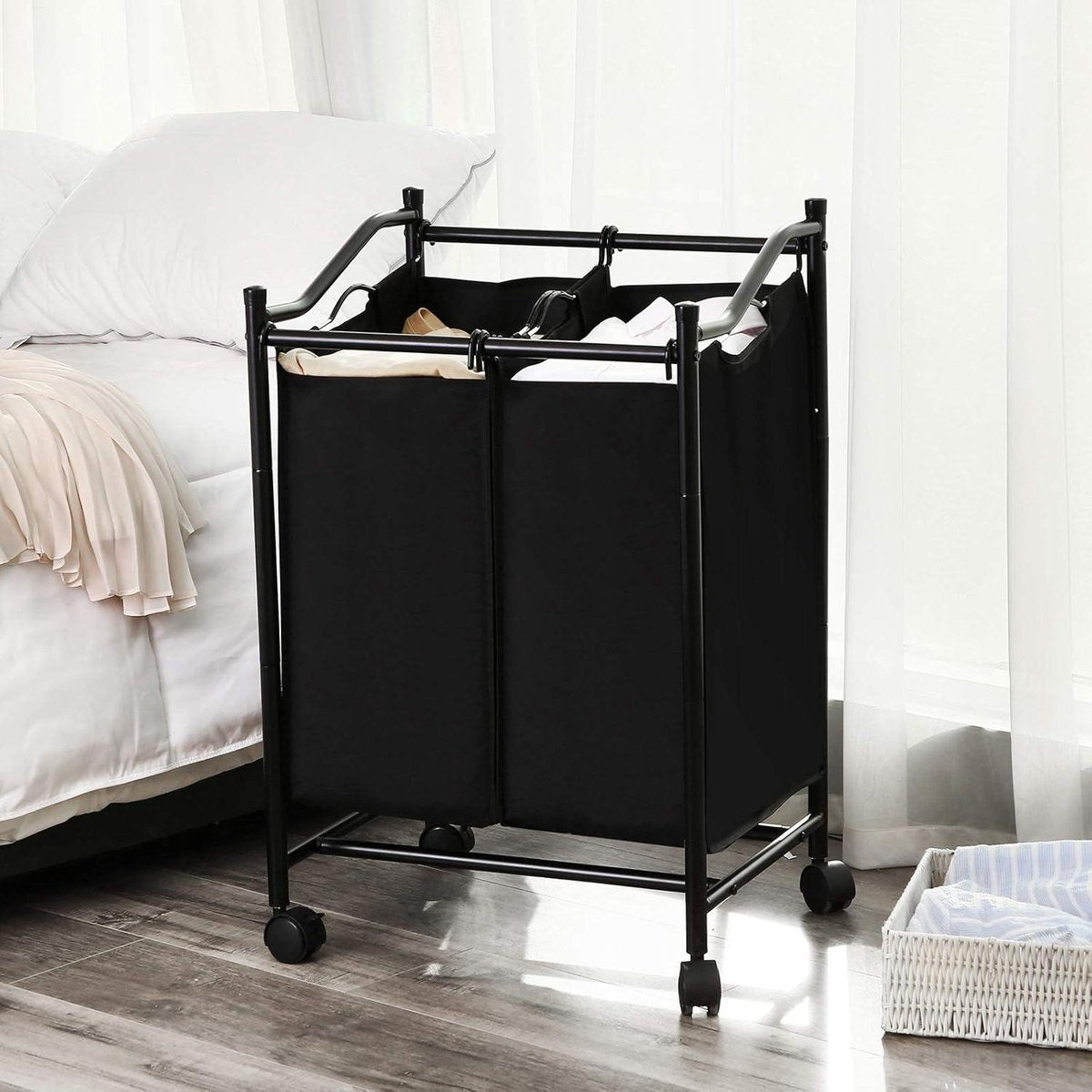 Laundry sorter with wheels - 2 compartments - laundry basket for laundry collector - laundry cart with removable bags - capacity 90 liters - black laundry sorter