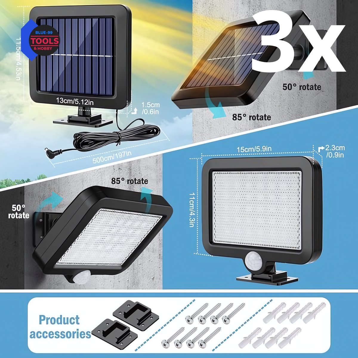 Bleu 99 - Buitenlamp met bewegingssensor - 3 STUKS – Buitenverlichting op Zonne-energie - Wandlamp buiten – Sensor – Solar – Dag-Nachtsensor – LED – Zwart – Helder licht - zonne-energie - LED-schijnwerper met bewegingssensor en los zonnepaneel