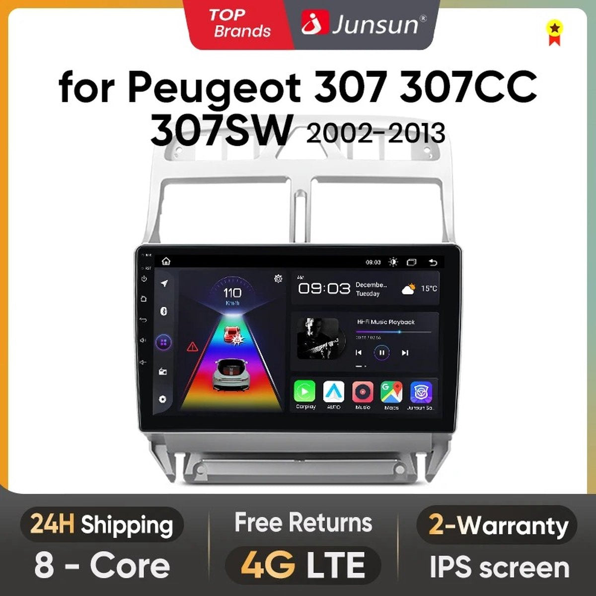 Autoradio - Android Carplay - Bluetooth Radio - Peugeot 307