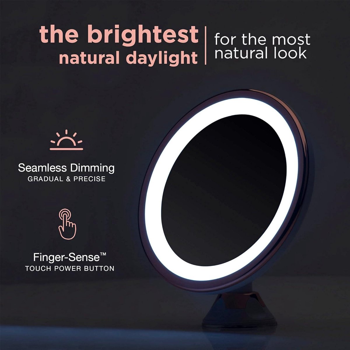Make-up Mirror - Mirror 10X magnifying mirror with dimmable LED light USB battery 20cm wide Strong Suction Cup Luna - Rose Gold