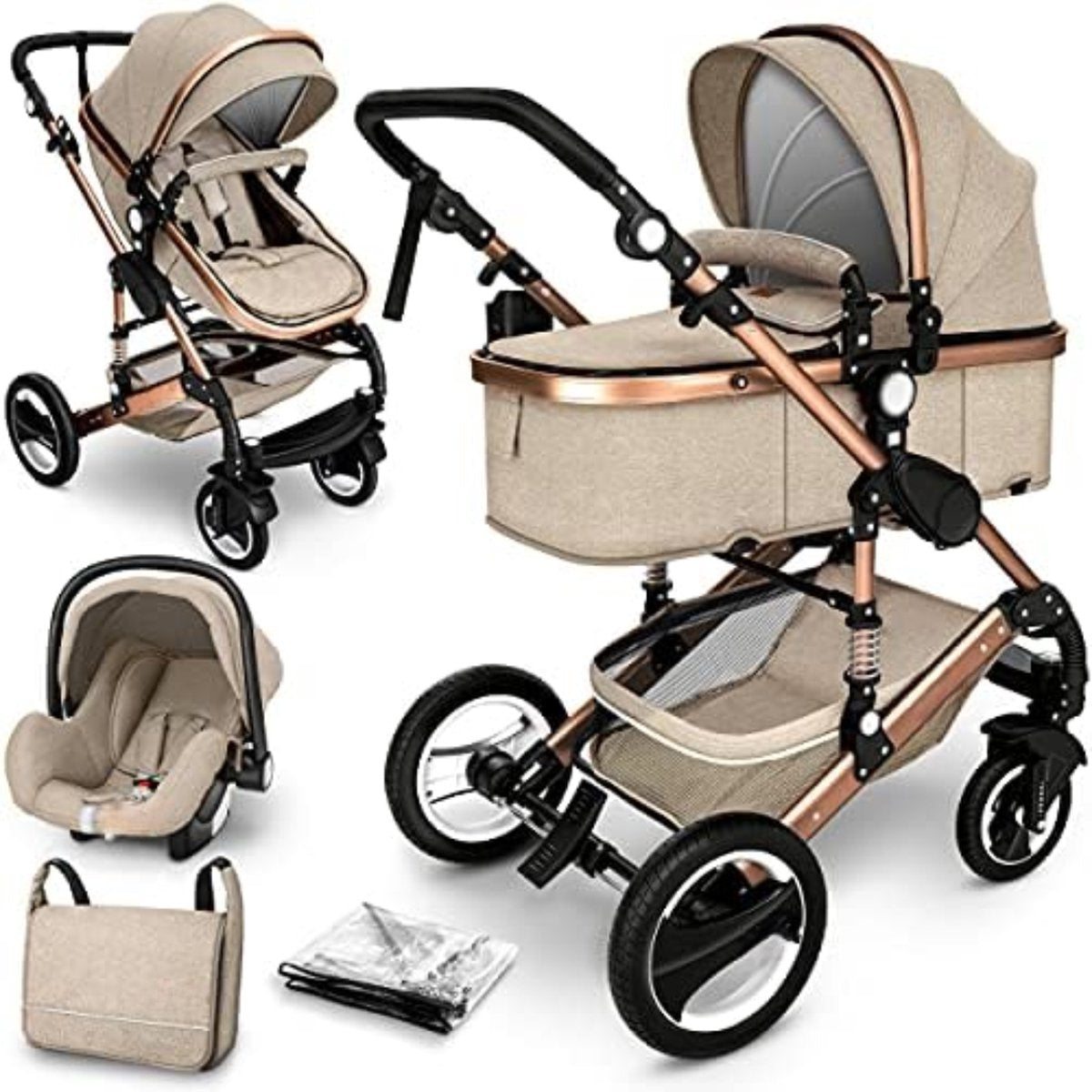 3-in-1 kinderwagen - 3-in-1 babywagen - Wandelwagen - 3-in-1 kinderwagen incl. autostoel - Beige/Kopergoud