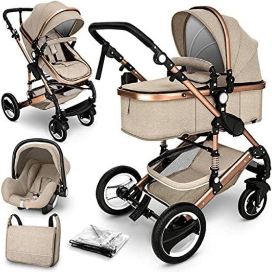 3-in-1 kinderwagen - 3-in-1 babywagen - Wandelwagen - 3-in-1 kinderwagen incl. autostoel - Beige/Kopergoud