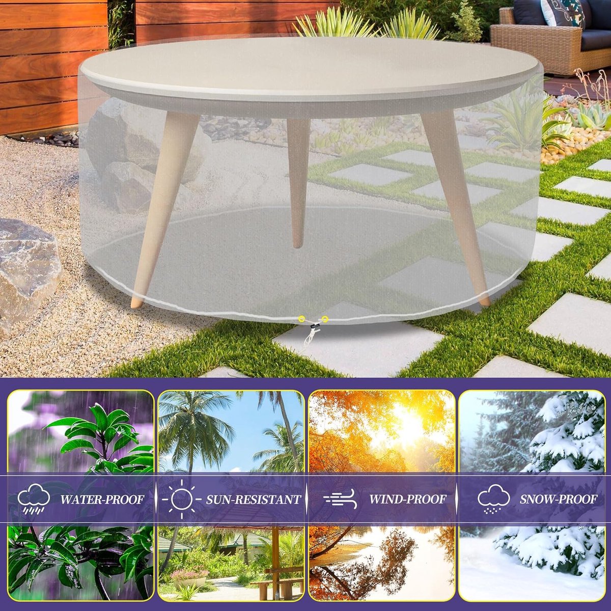 Garden furniture covers, waterproof round garden table cover, diameter 163 x 71 cm, transparent polyethylene cover for outdoor use, protection for table and chair
