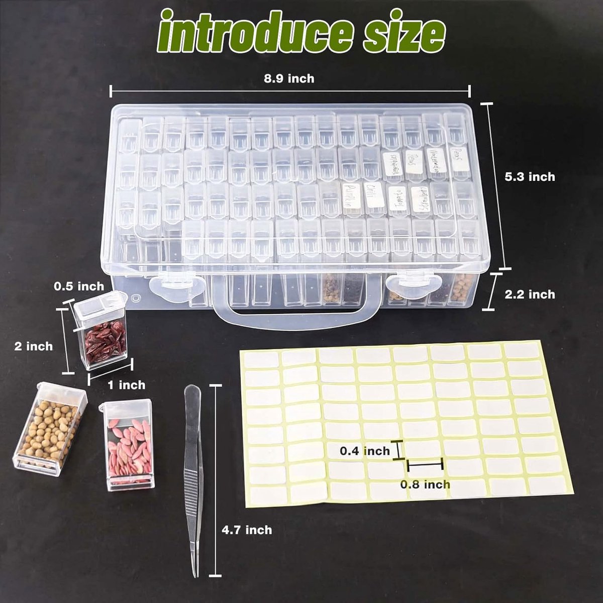 Seed Storage Box, with 64 compartments and 112 stickers, seed tray for flower seeds, vegetable seeds, fruit seeds, pepper seeds, clover seeds, basil seeds, tomato seeds