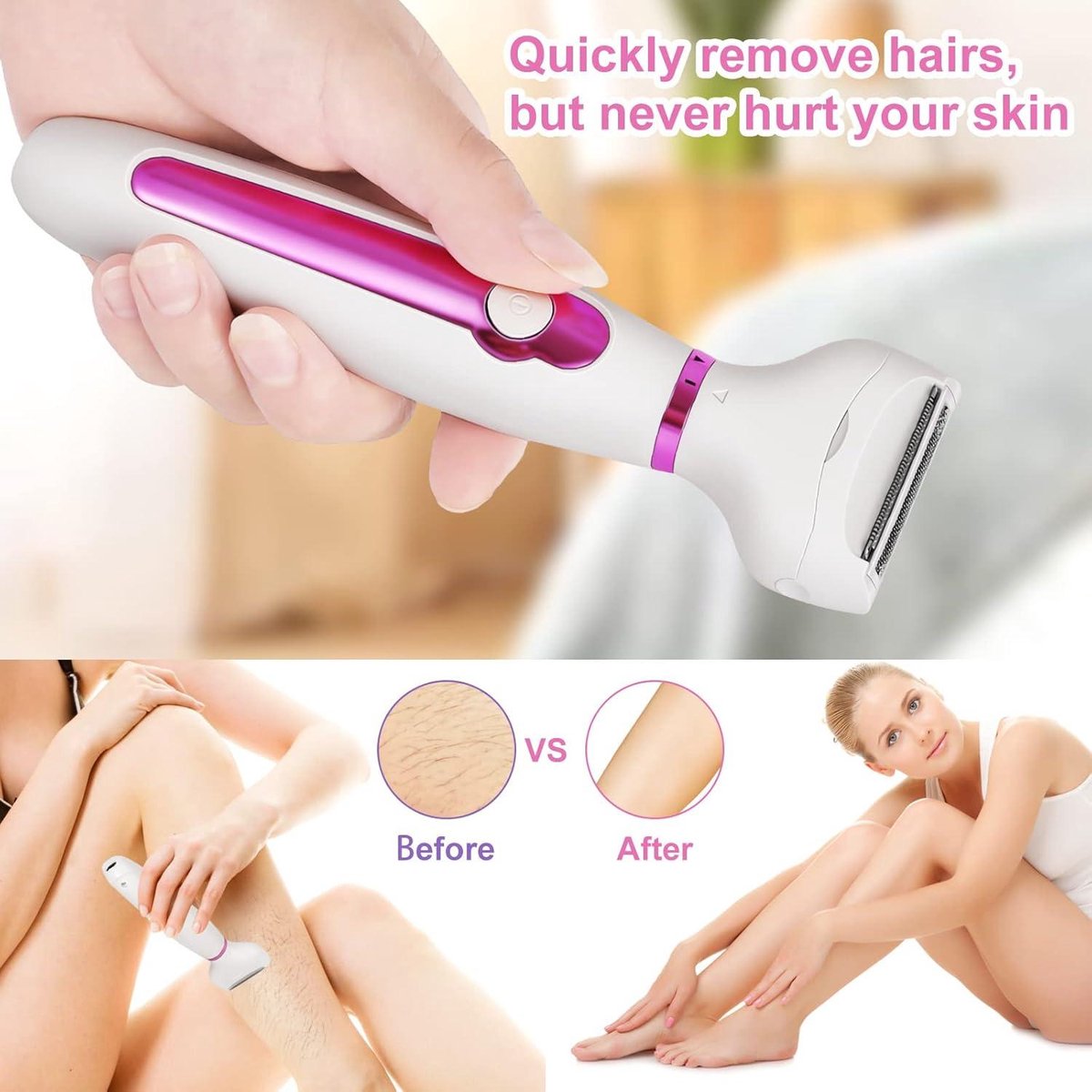 Electric Ladyshave Cordless 4in1 Shaver for Women - Painless Shaving - Bikini Trimmer - Wet and Dry Hair Removal - Face Legs Armpit Eyebrow Shaver for Women