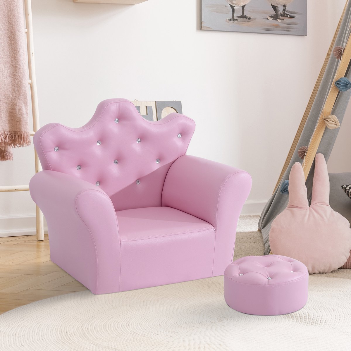 Children's sofa with crystal buttons and ottoman pink