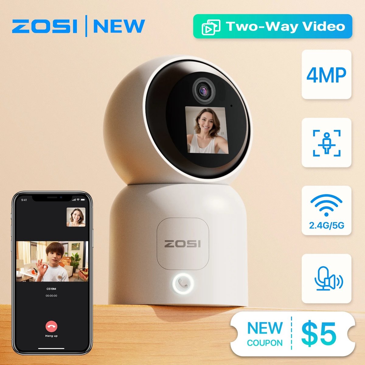 Babyfoon - Babyfoon met camera - 1.44 inch Scherm 2.4G/5G Wifi Videogesprek - Automatische Tracking - Draadloze IP Smart Surveillance Camera - Zosi C 519M 4mp Hd