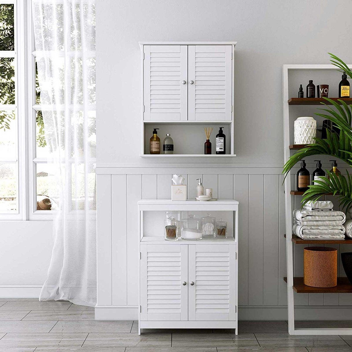 Bovenkastje, bovenkastje, badkamerkast, wandmontage, medicijnkastje met in hoogte verstelbare plank, badkamerkastje, dubbele deur, open vak, 60 x 20 x 70 cm, wit BBC27WT - Black Friday