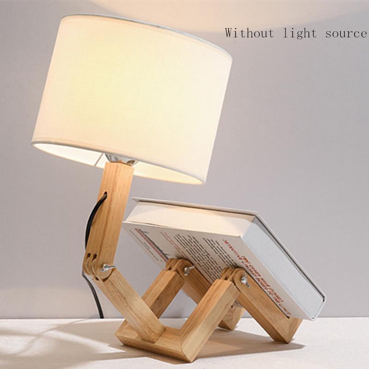 TDR - LED-bureaulamp met boekenhouder - Scandinavisch design - Witte stoffen kap - Houten mannetje met verstelbare gewrichten - Exclusief lichtbron