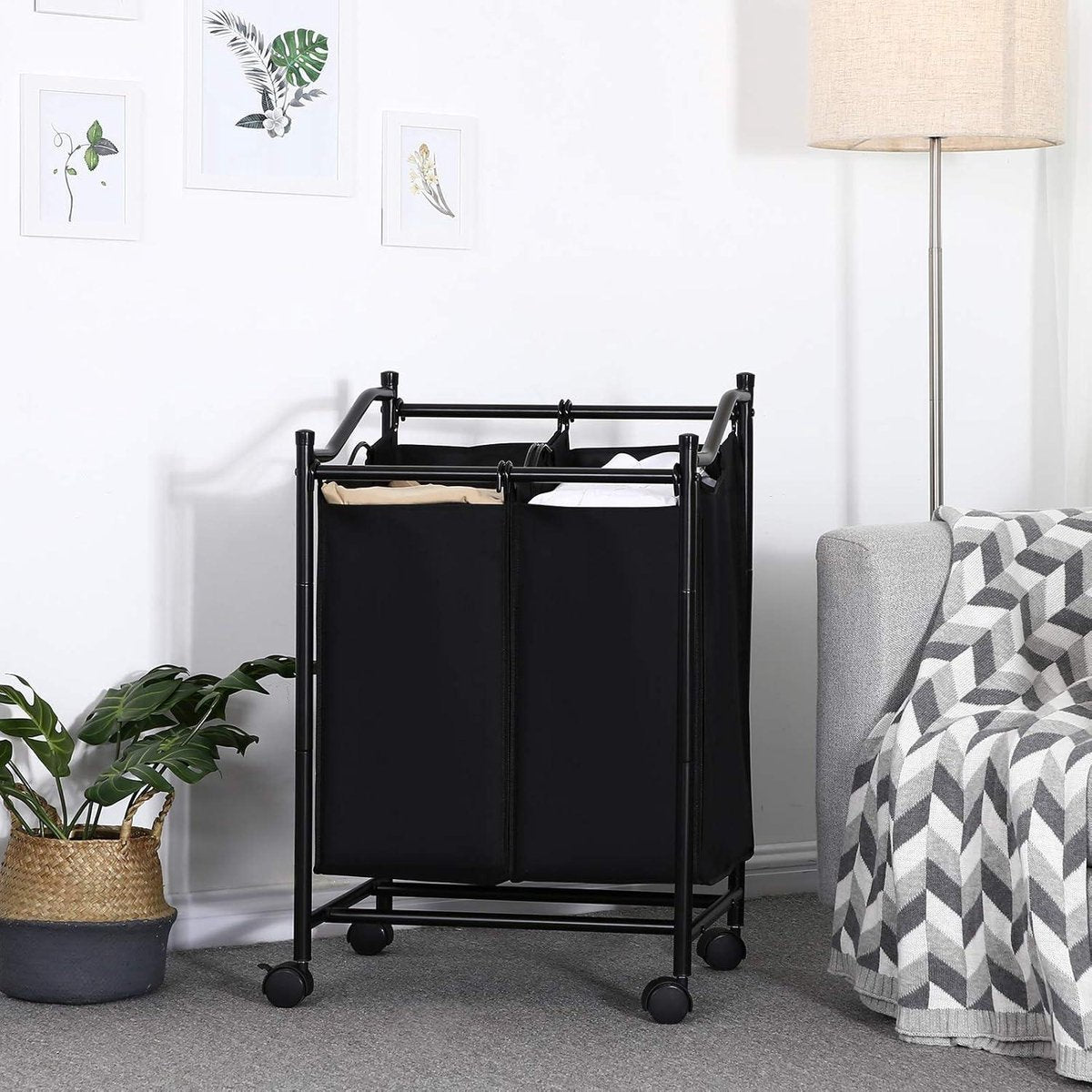 Laundry sorter with wheels - 2 compartments - laundry basket for laundry collector - laundry cart with removable bags - capacity 90 liters - black laundry sorter