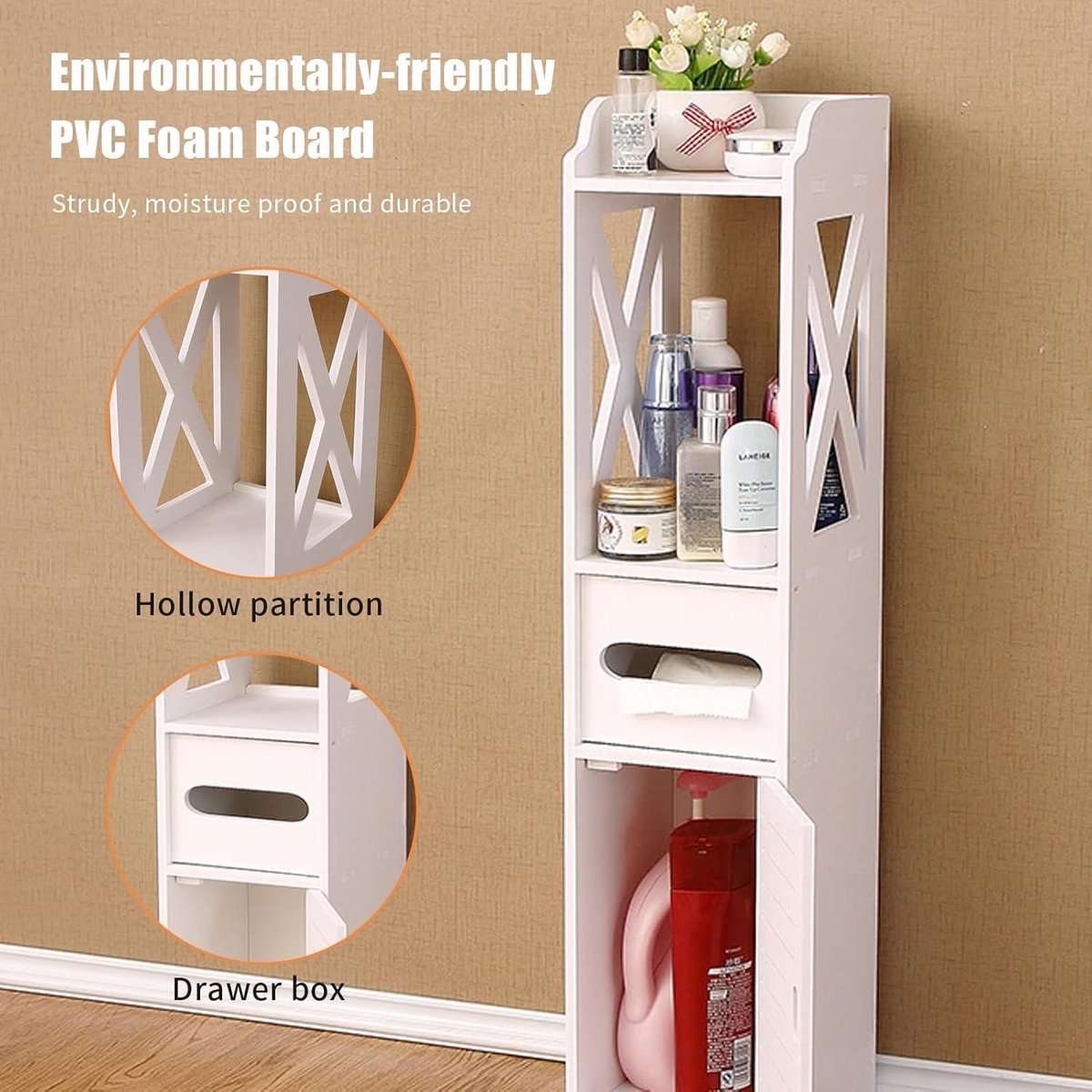 Free-standing Toilet Cabinet Narrow Tall Cabinet White Toilet Roll Holder - Bathroom Rack 80 x 20 x 18 cm bathroom tall cabinets