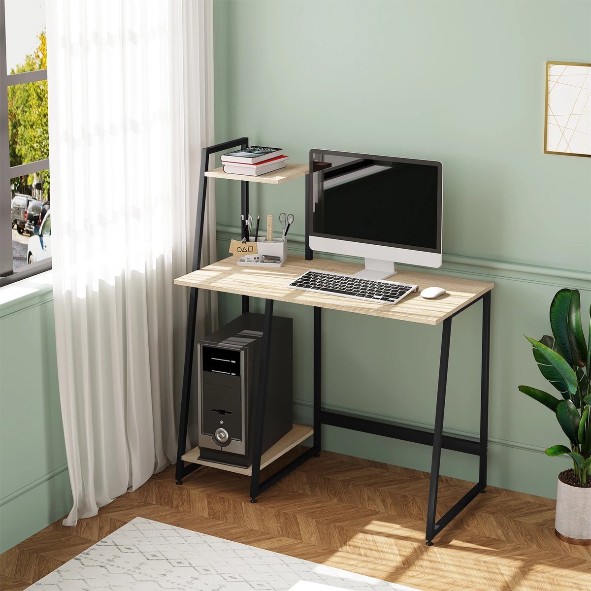 RM Store® - Computerbureau - Computertafel - Computermeubel - Werktafel - Kantoortafel - Werkbureau - 4 planken - Industrieel - Stalen frame - Hout - Zwart - 98x118x50 cm.