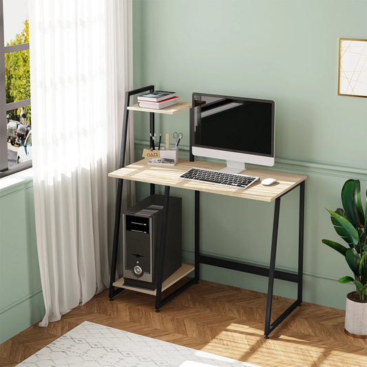 RM Store® - Computerbureau - Computertafel - Computermeubel - Werktafel - Kantoortafel - Werkbureau - 4 planken - Industrieel - Stalen frame - Hout - Zwart - 98x118x50 cm.