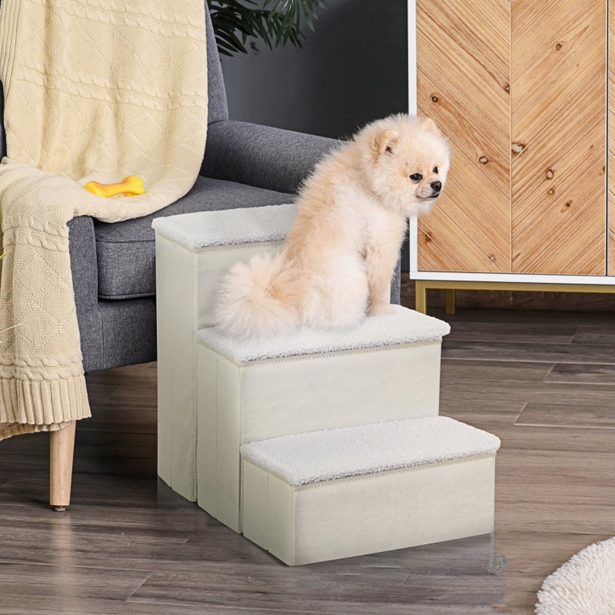 Dog stairs with 3 steps - Cat stairs - Pet stairs - Steps - Footstool - White - 40 x 54 x 48 cm
