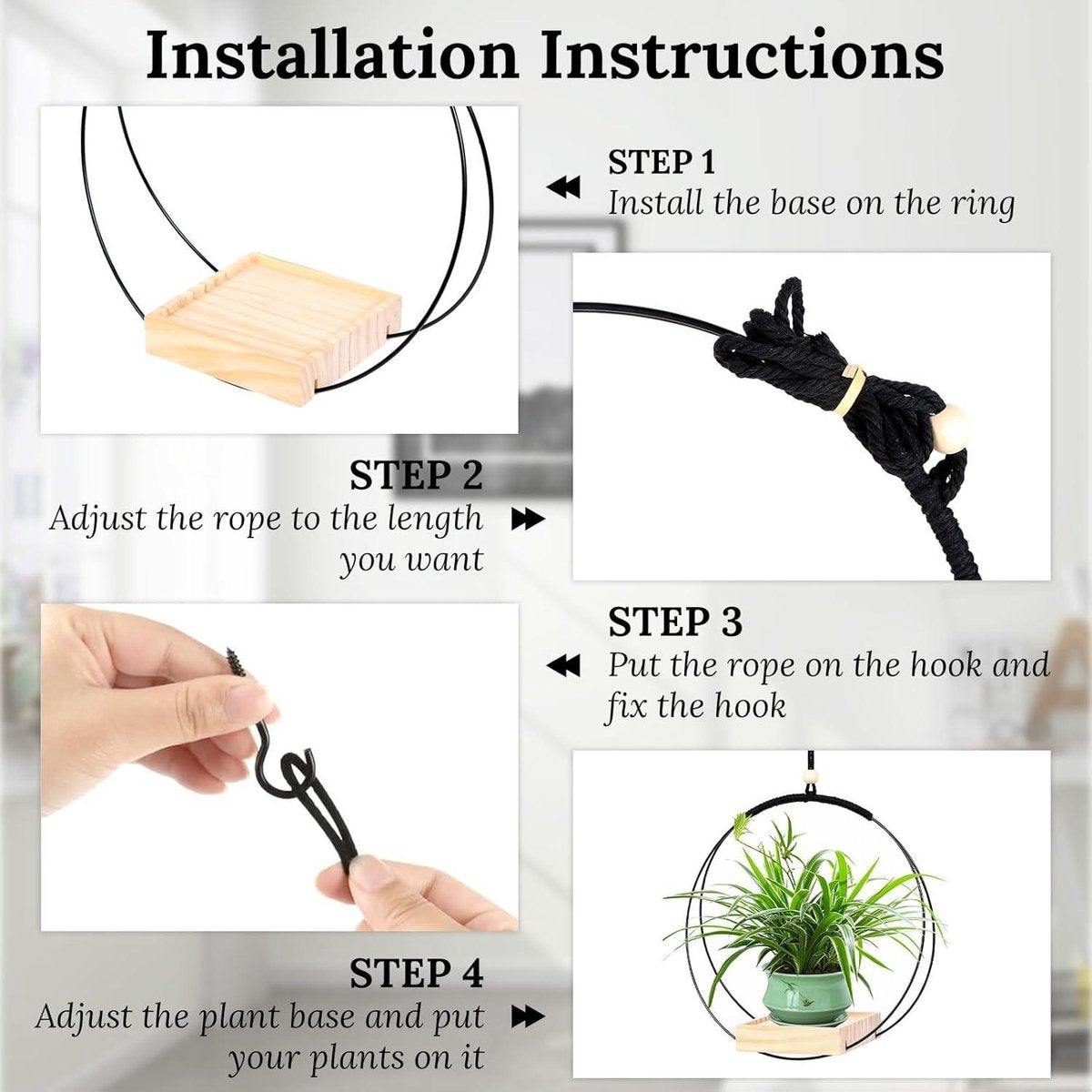 Hanging planters - 2 Sumotia pieces with wooden base metal ring and hanging loop - round black planters for indoors, walls and ceilings