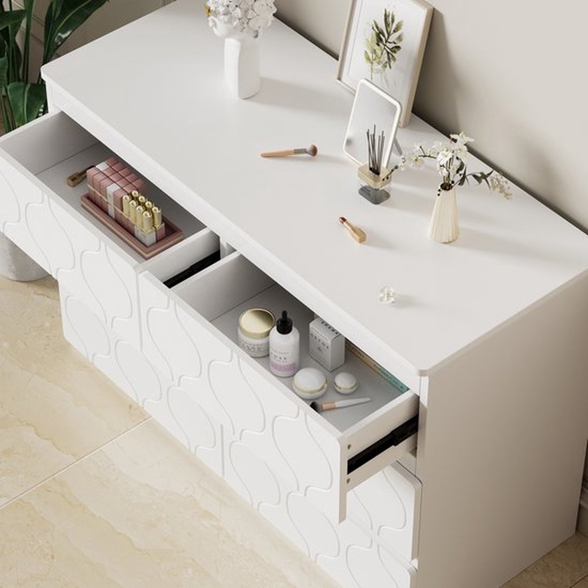 Dressoir met 6 laden, halkast, voor woonkamer, badkamer en slaapkamer, golfpatroon, gelakt, slagvast hoekontwerp, 6-vaks, 110 B x 40 D x 72 H, wit