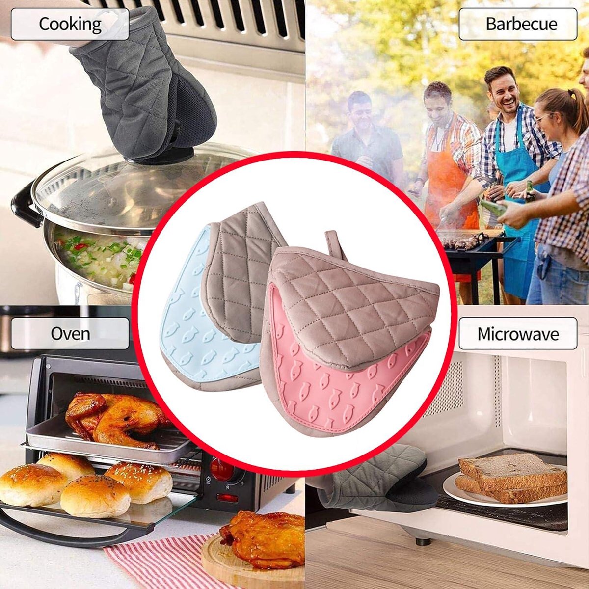 Mini-ovenwanten - Hittebestendige Antislip Siliconen Katoenen Wanten - 2 Stuks met Ophanglus - Magnetron- en Ovenbestendig - Ideaal voor Koken en Bakken