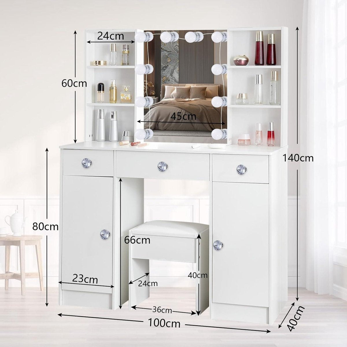 Make-uptafel met spiegel en verstelbare ledlampen - Kaptafel met 3 laden, 4 open planken en 2 kasten - Wit - 100 x 40 x 140 cm
