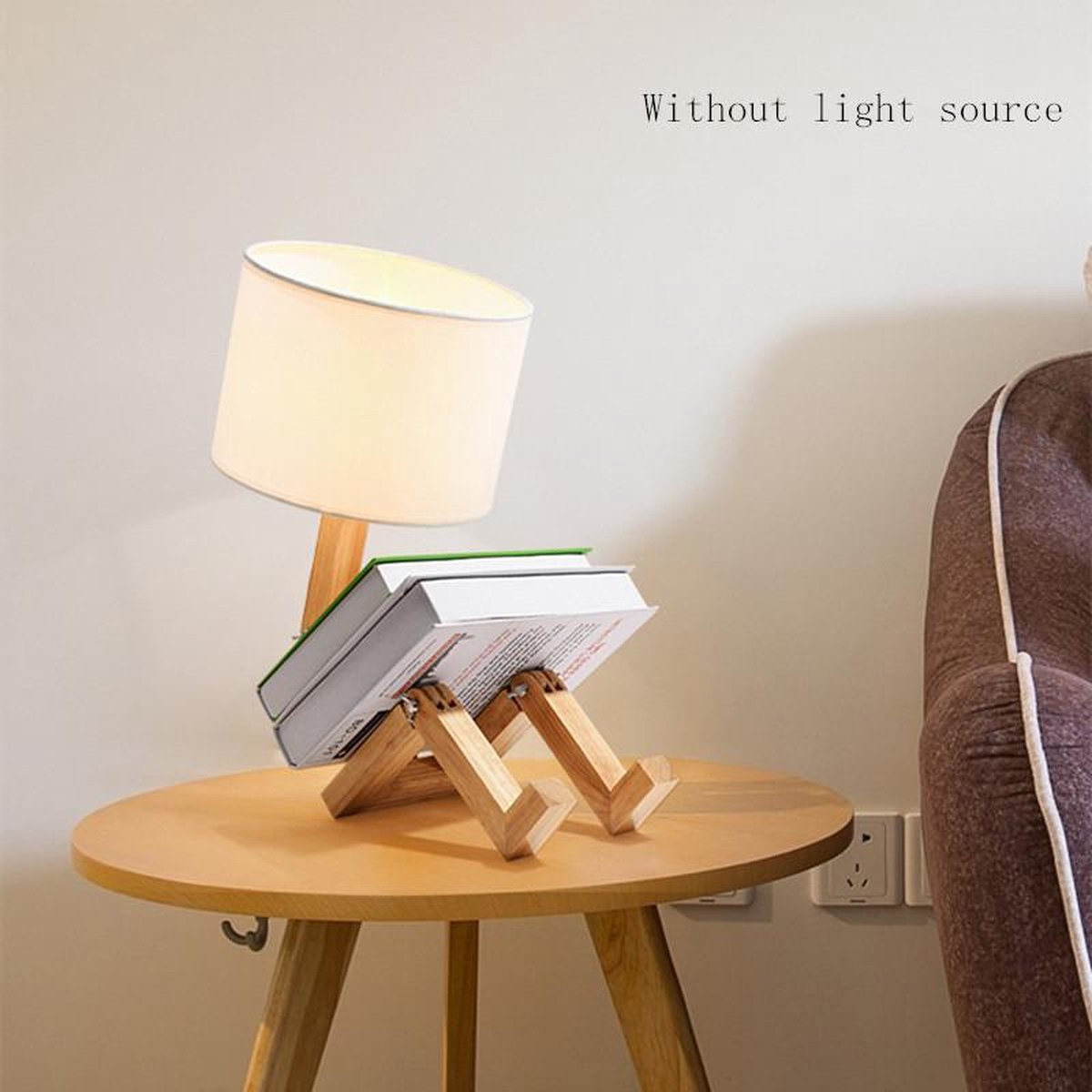 TDR - LED-bureaulamp met boekenhouder - Scandinavisch design - Witte stoffen kap - Houten mannetje met verstelbare gewrichten - Exclusief lichtbron