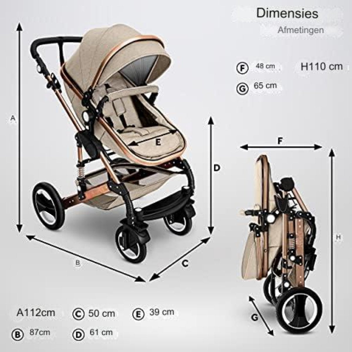 3-in-1 kinderwagen - 3-in-1 babywagen - Wandelwagen - 3-in-1 kinderwagen incl. autostoel - Beige/Kopergoud