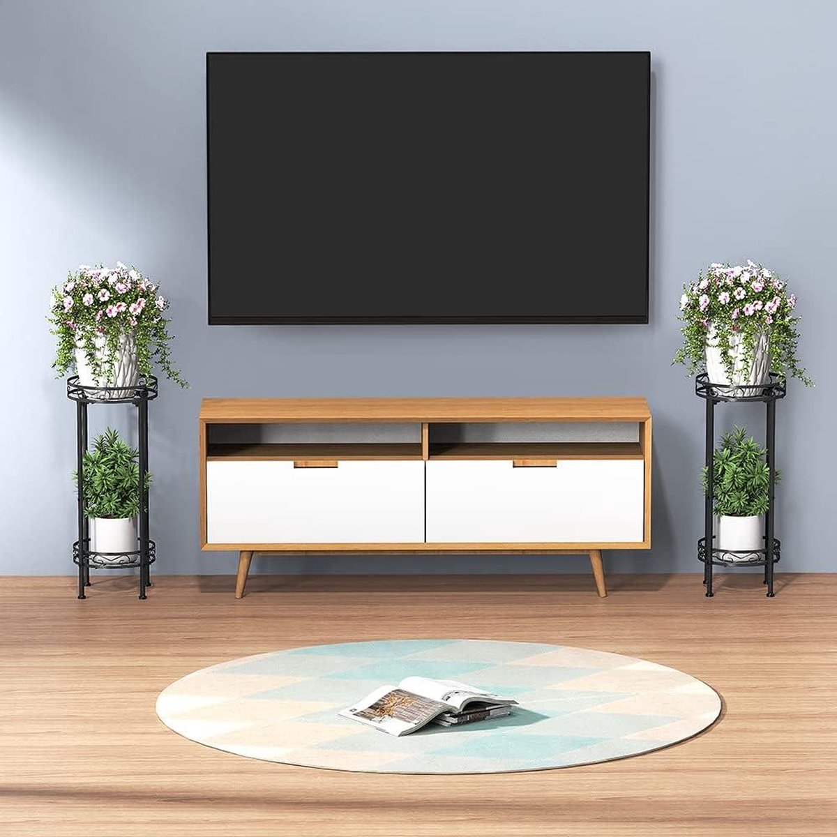 2-laags plantentafel hoge metalen plantenstandaard voor binnen - plantenstandaarden bloemstandaard bloempot displaystandaard tuinterras zwart 70x30cm plantentafel