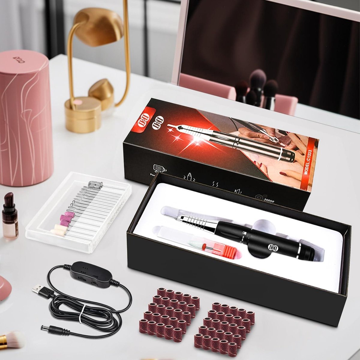 Manicureset Elektrische Nagelvijl 20000 RPM Oplaadbare Accu - LED Verlichting - 4 Snelheden - Teennagels, Vingernagels, Acryl- en Gelnagels