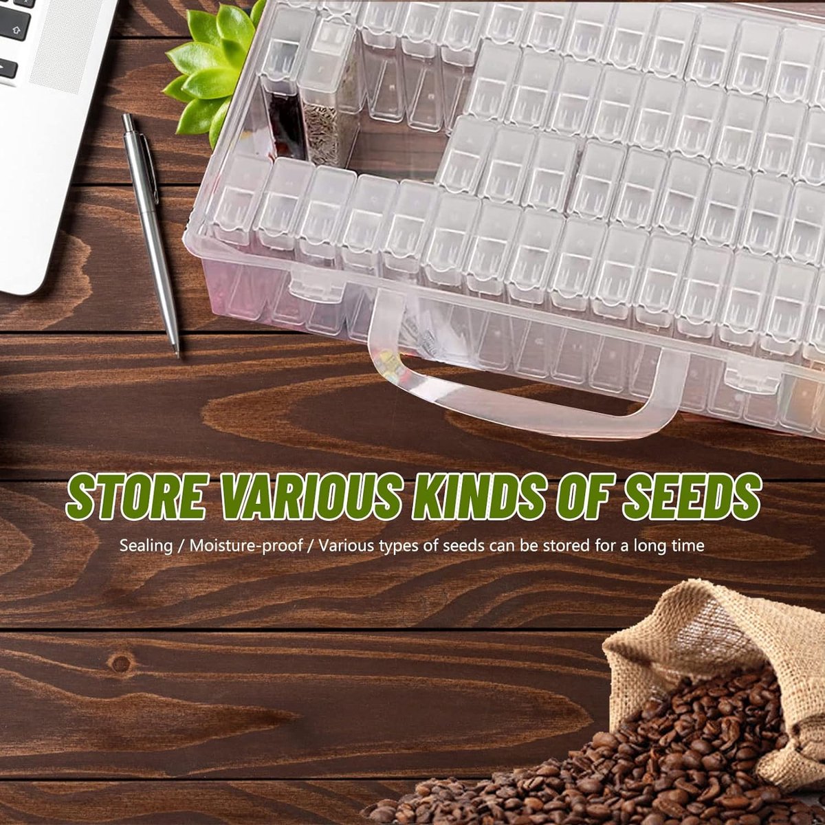 Seed Storage Box, with 64 compartments and 112 stickers, seed tray for flower seeds, vegetable seeds, fruit seeds, pepper seeds, clover seeds, basil seeds, tomato seeds