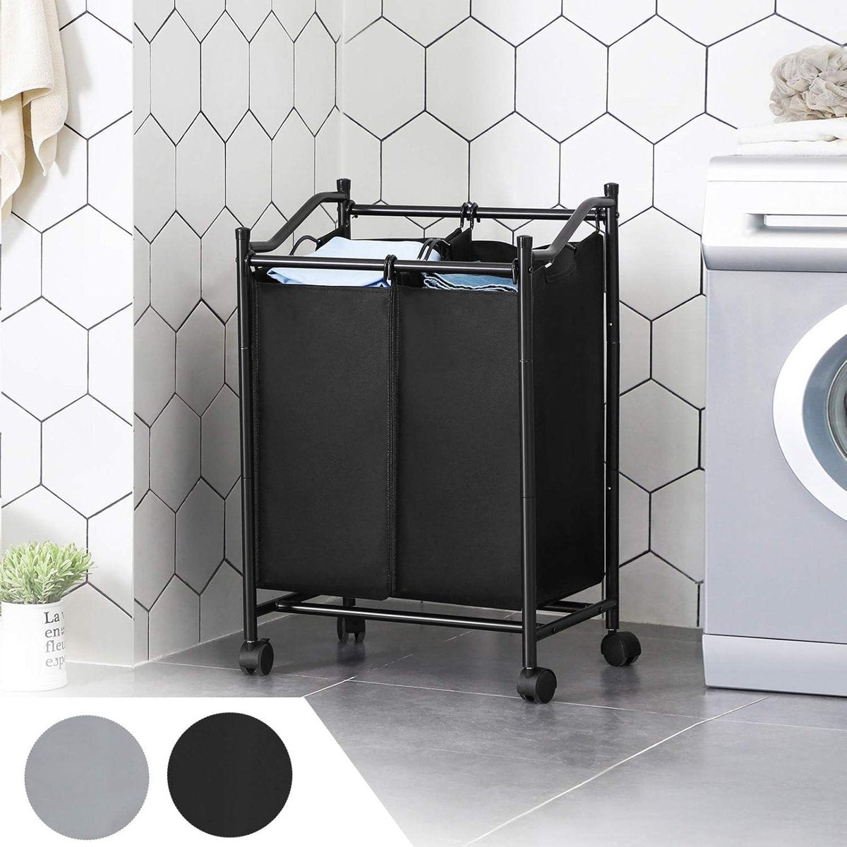 Laundry sorter with wheels - 2 compartments - laundry basket for laundry collector - laundry cart with removable bags - capacity 90 liters - black laundry sorter