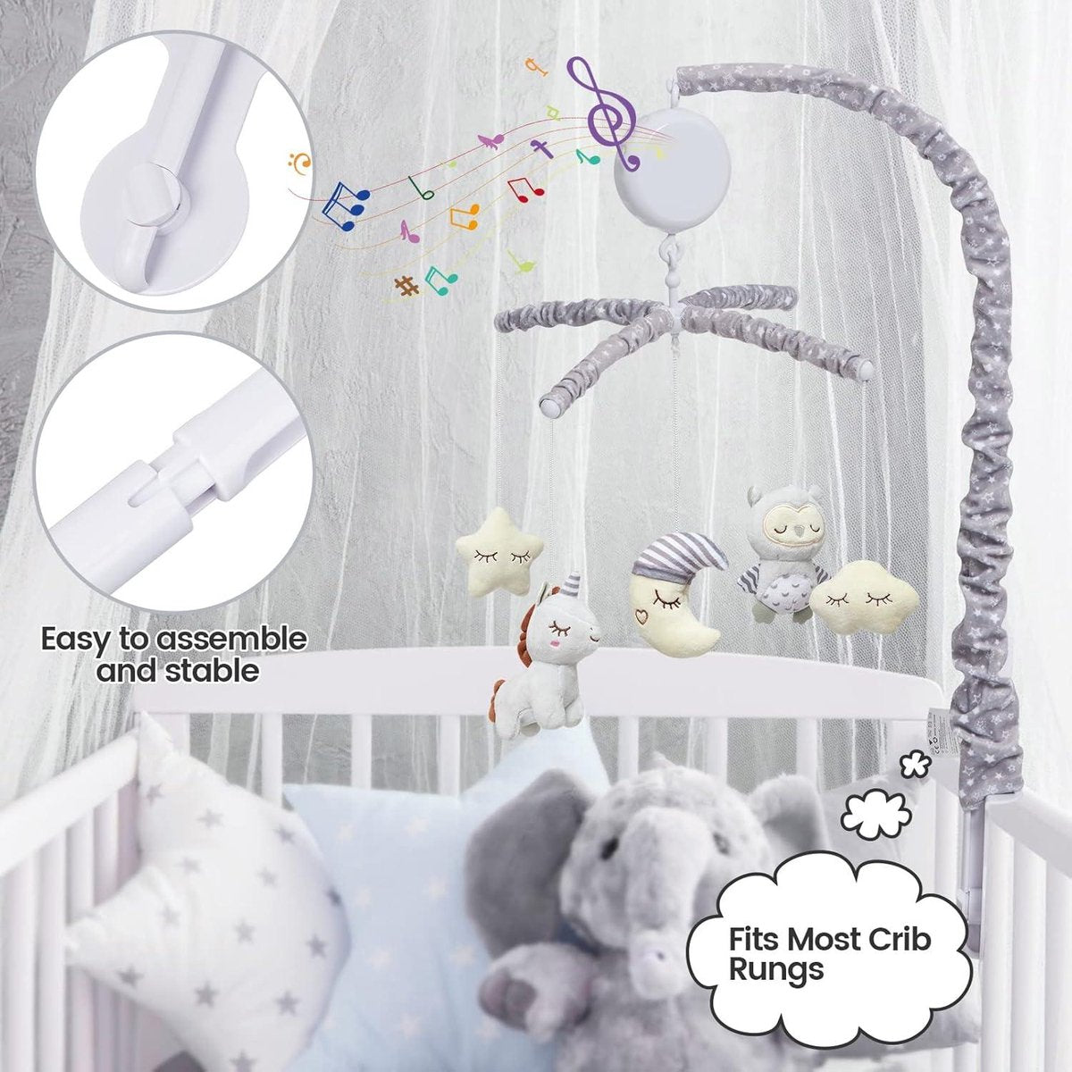 Baby Mobile - Electric Musical Crib Toy for Girls and Boys - Grey