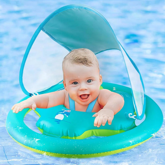 Baby Zwemring met Dubbele Luchtkamer en UPF50+ Zonnescherm - Verstelbare Opblaasbare Zwemzit - Zwemtrainer Float voor Peuters van 6-36 Maanden