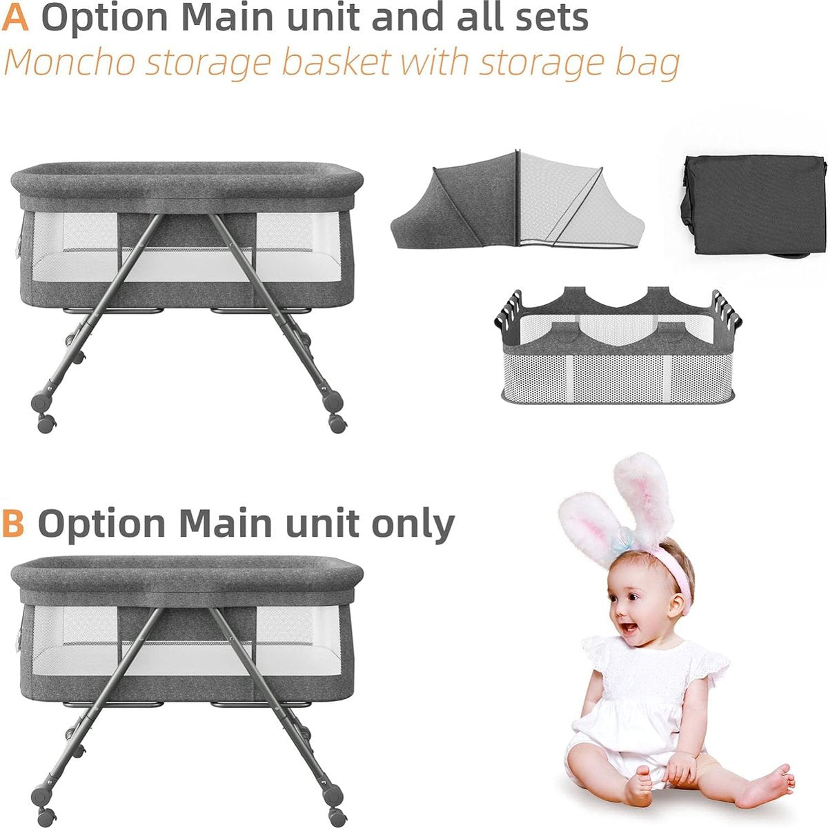 Co-sleeper met zacht matras reiswieg incl. opbergruimte, wiegfunctie, opvouwbaar, glij- en transporttas, vanaf de geboorte tot 20 kg, complete set voor baby's van 0-6 maanden, grijs