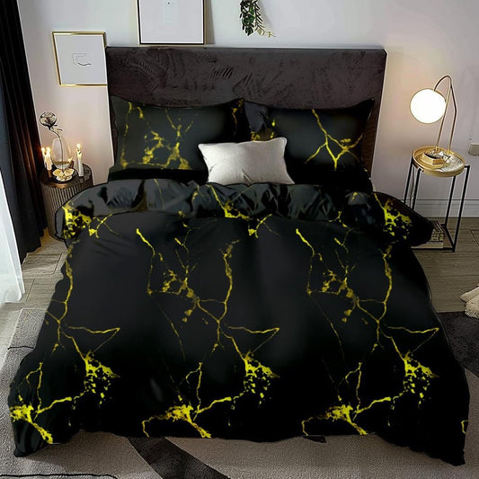 3D beddengoed, 135 x 200 cm, marmerpatroon, zwart, goud, omkeerbare beddengoedset, esthetisch, elegant, voor mannen en tieners, dekbedovertrek en kussensloop 80 x 80 cm, met ritssluiting