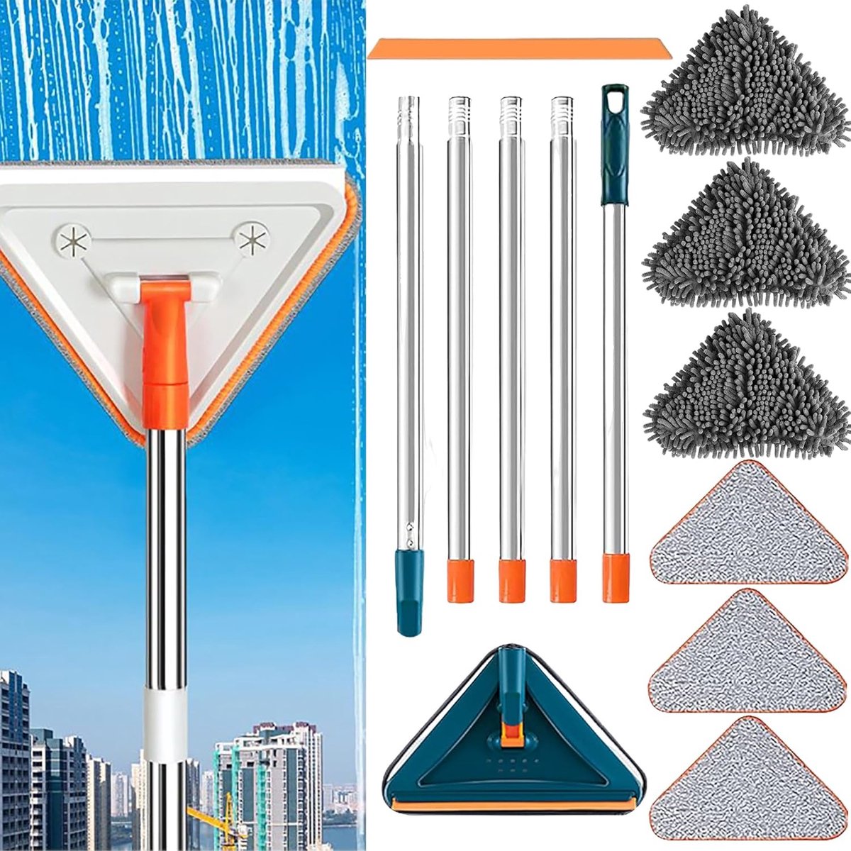 Triangle Mop with Long Handle, 360 Degree Rotating, Adjustable, Triangular Mop, Baseboard, Cleaner, Tool, Washer, Microfiber, Mop for Windows, Floor, Wall, Hardwood, Tiles