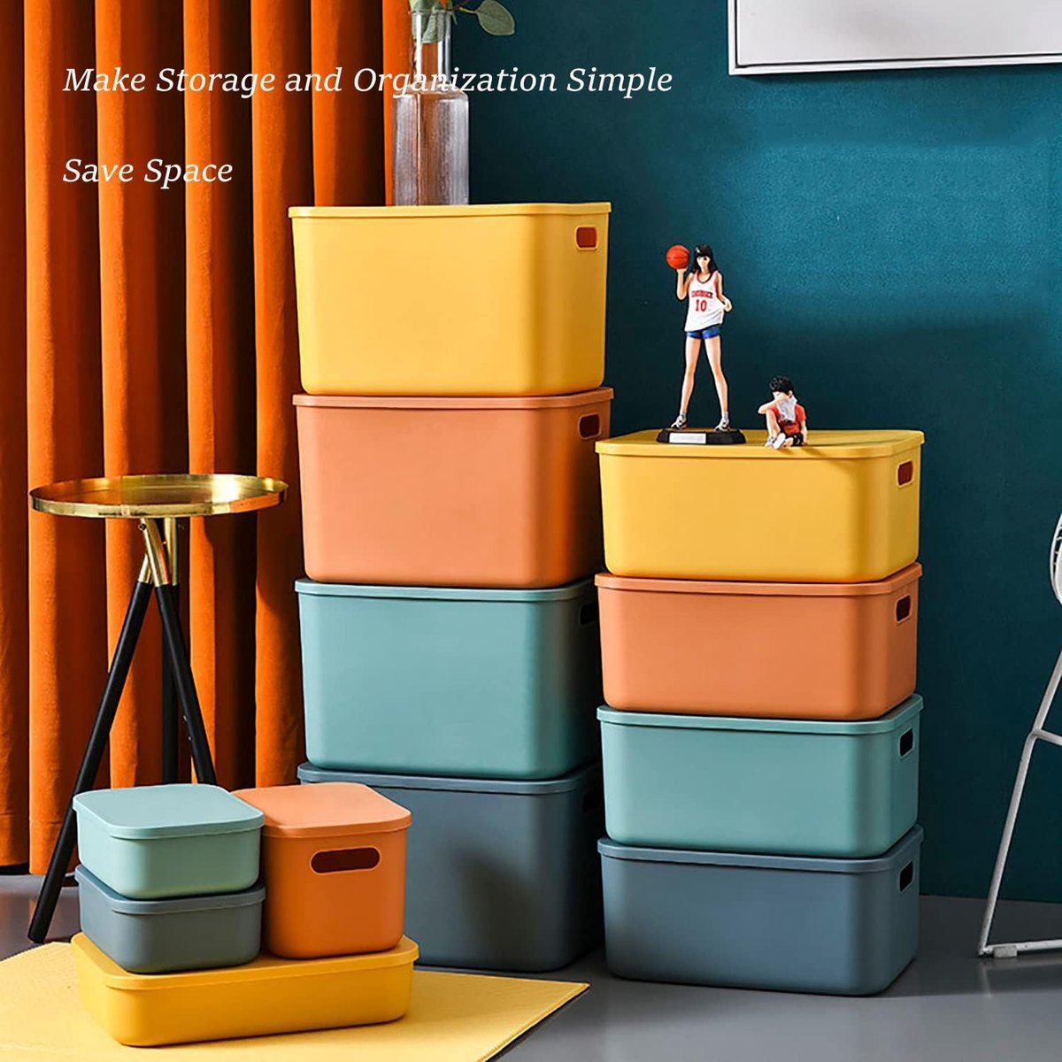 Plastic Opbergbakken met Deksel, Stapelbare Opbergbakken voor Organisatie, Opbergmanden voor Planken, Keuken, Badkamer, Speelkamer, Klaslokaal, Kantoor (Klein - 4 Stuks)