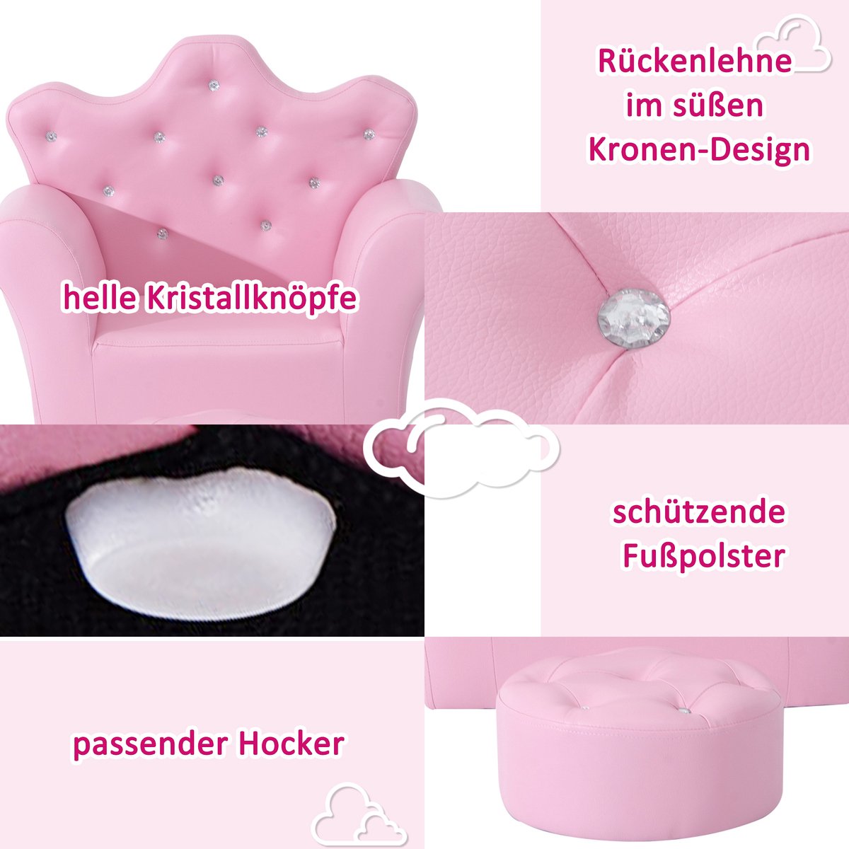 Children's sofa with crystal buttons and ottoman pink