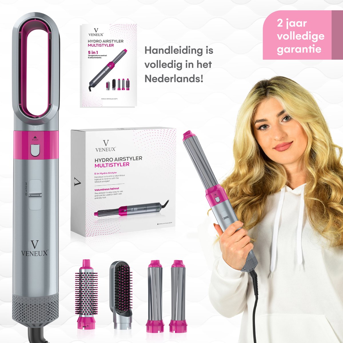 VENEUX® Föhnborstel - Airstyler - Krulborstel - Krultangen - 5-in-1 Multistyler - Grijs