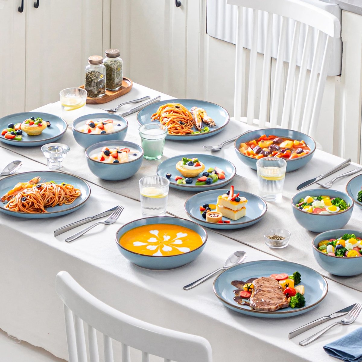 Dinnerware set - Dinnerware sets - Dinnerware set 8 person - Ocean Blue With Brown Rim - Porcelain - 32-Piece Dinnerware - Dinner plate - Dessert plate - Bowl - Soup bowl
