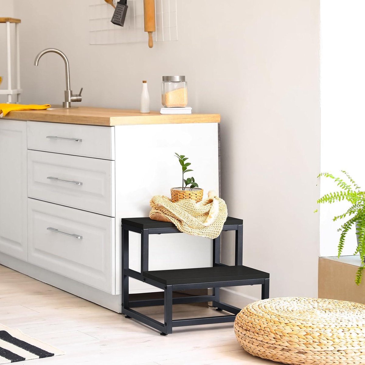 2-Step Stool Heavy Duty Steel and Wooden Stool - Load Capacity up to 220 kg - for Adults and Children - Black - Bed Kitchen Bathroom