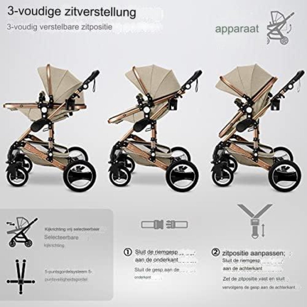 3-in-1 kinderwagen - 3-in-1 babywagen - Wandelwagen - 3-in-1 kinderwagen incl. autostoel - Beige/Kopergoud
