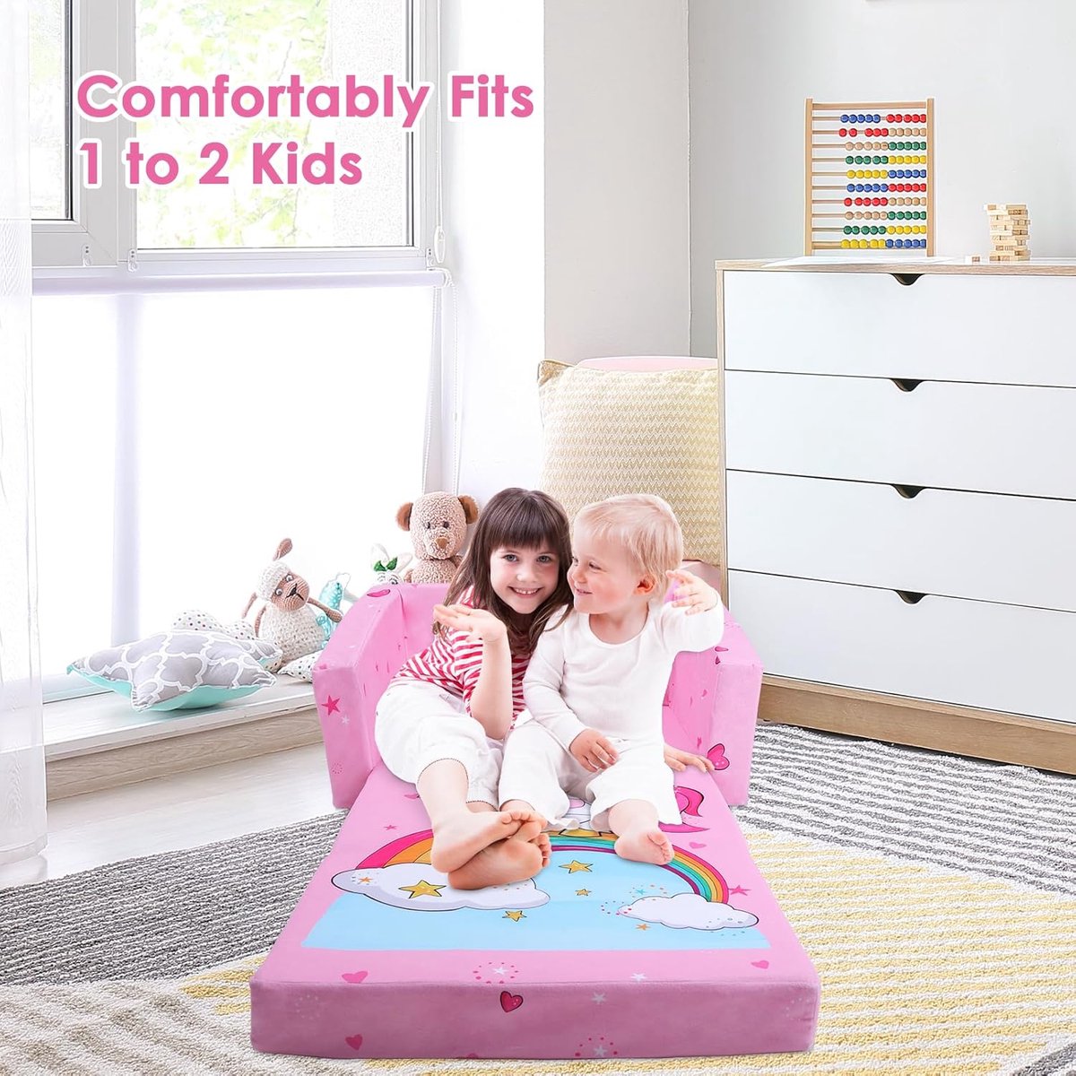 Foldable Children's Sofa Backrest, 2-in-1, Stable Toddler Chair with Fabric Bag and Non-Slip Cushion, Soft Lightweight Flip-Open Children's Chair for Bedroom, Living Room, Playroom, Unicorn