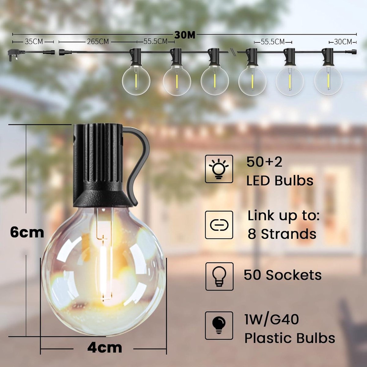Outdoor lichtsnoer 60 m LED-gloeilampen - waterdicht - 100 + 4 onbreekbare lampen - tuin terras bruiloft feest - 2700 K warm wit