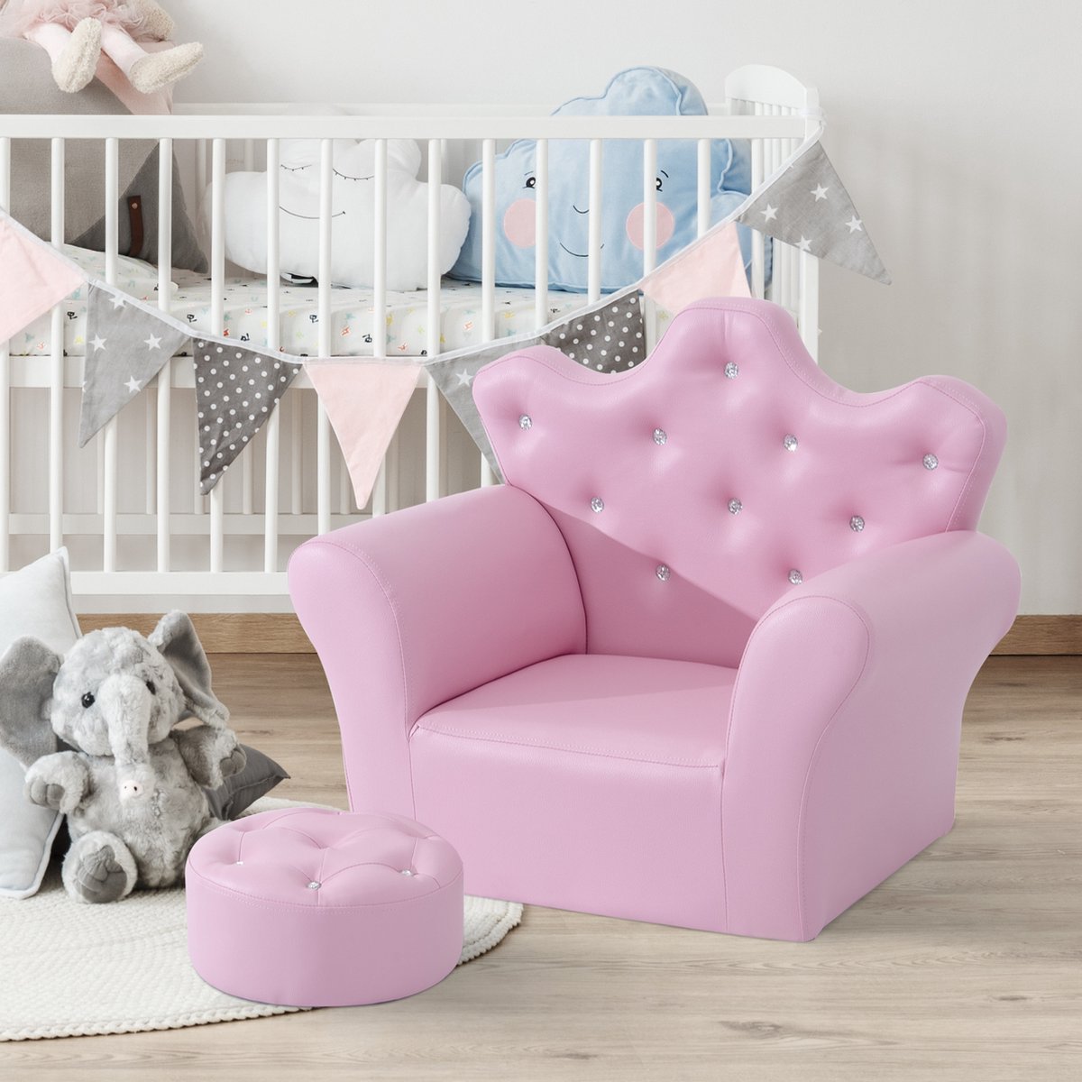 Children's sofa with crystal buttons and ottoman pink
