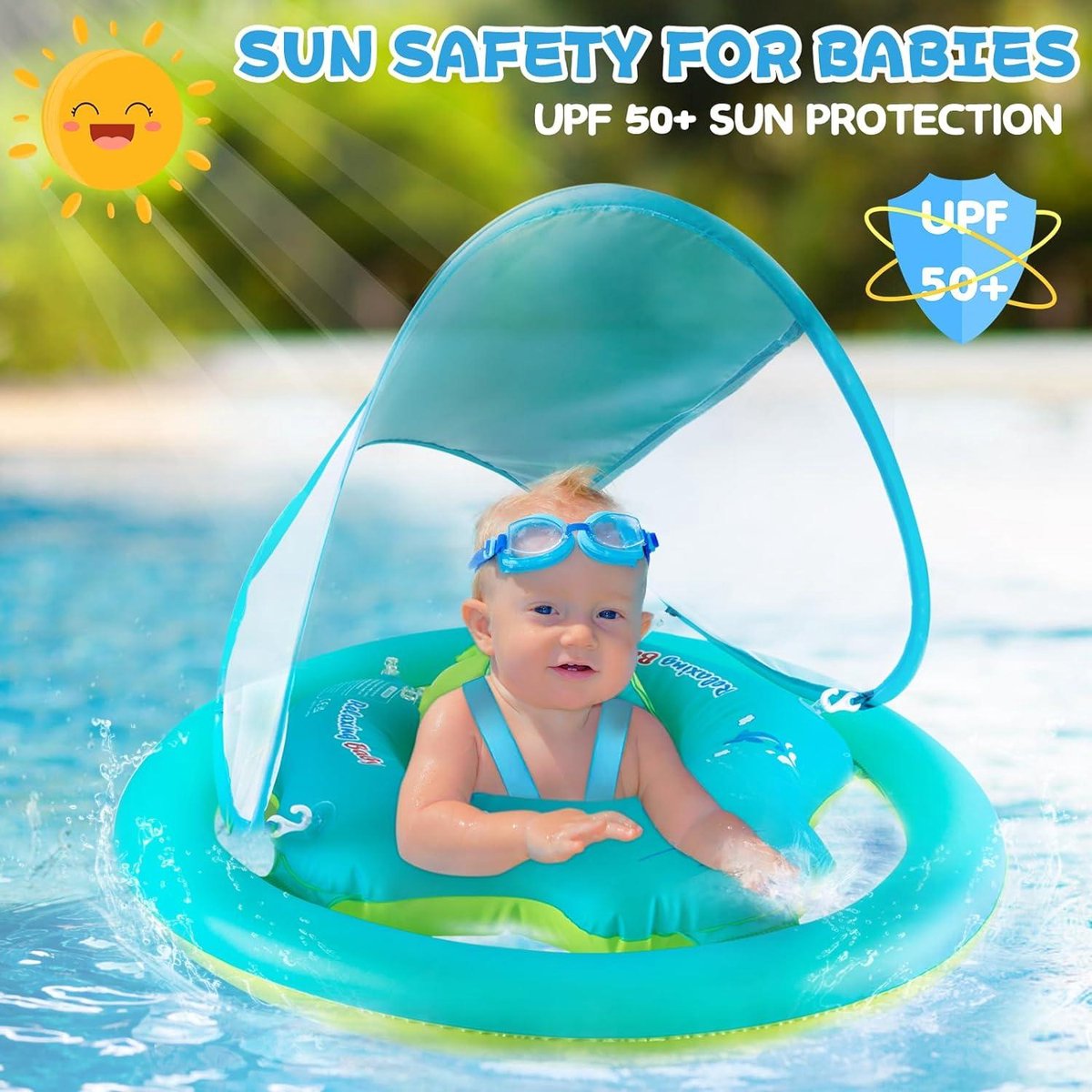 Baby Zwemring met Dubbele Luchtkamer en UPF50+ Zonnescherm - Verstelbare Opblaasbare Zwemzit - Zwemtrainer Float voor Peuters van 6-36 Maanden
