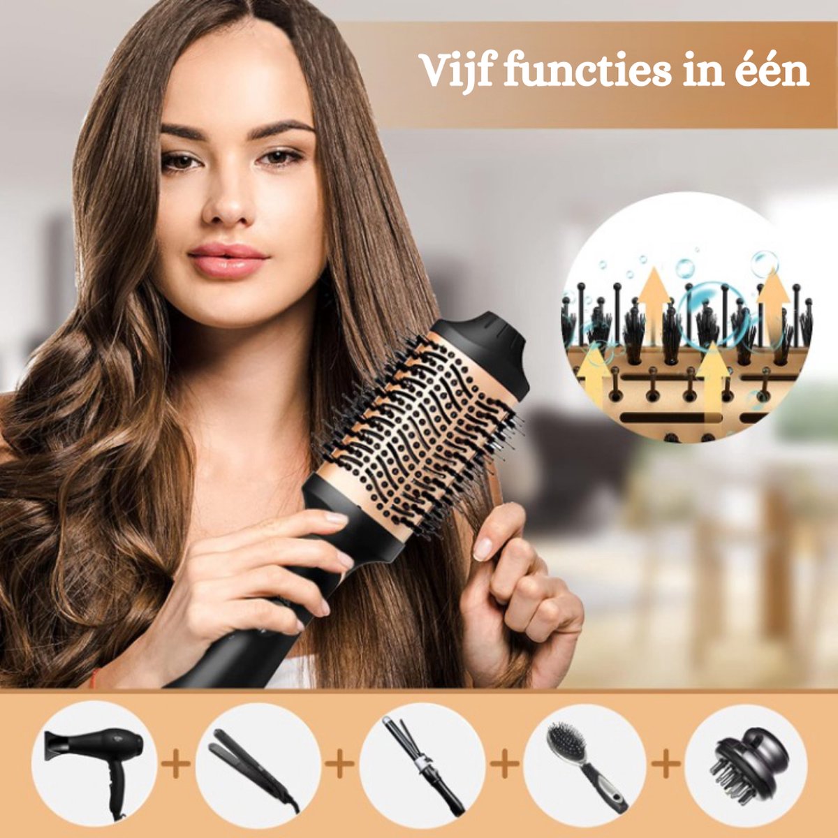Professional 5-in-1 Hot Air Brush with Titanium Coating - 1000W, Negative Ions, 3 Temperatures, 2 Airflow Settings - Hair Dryer Brush, Hair Dryer, Brush, and Styling Brush in one