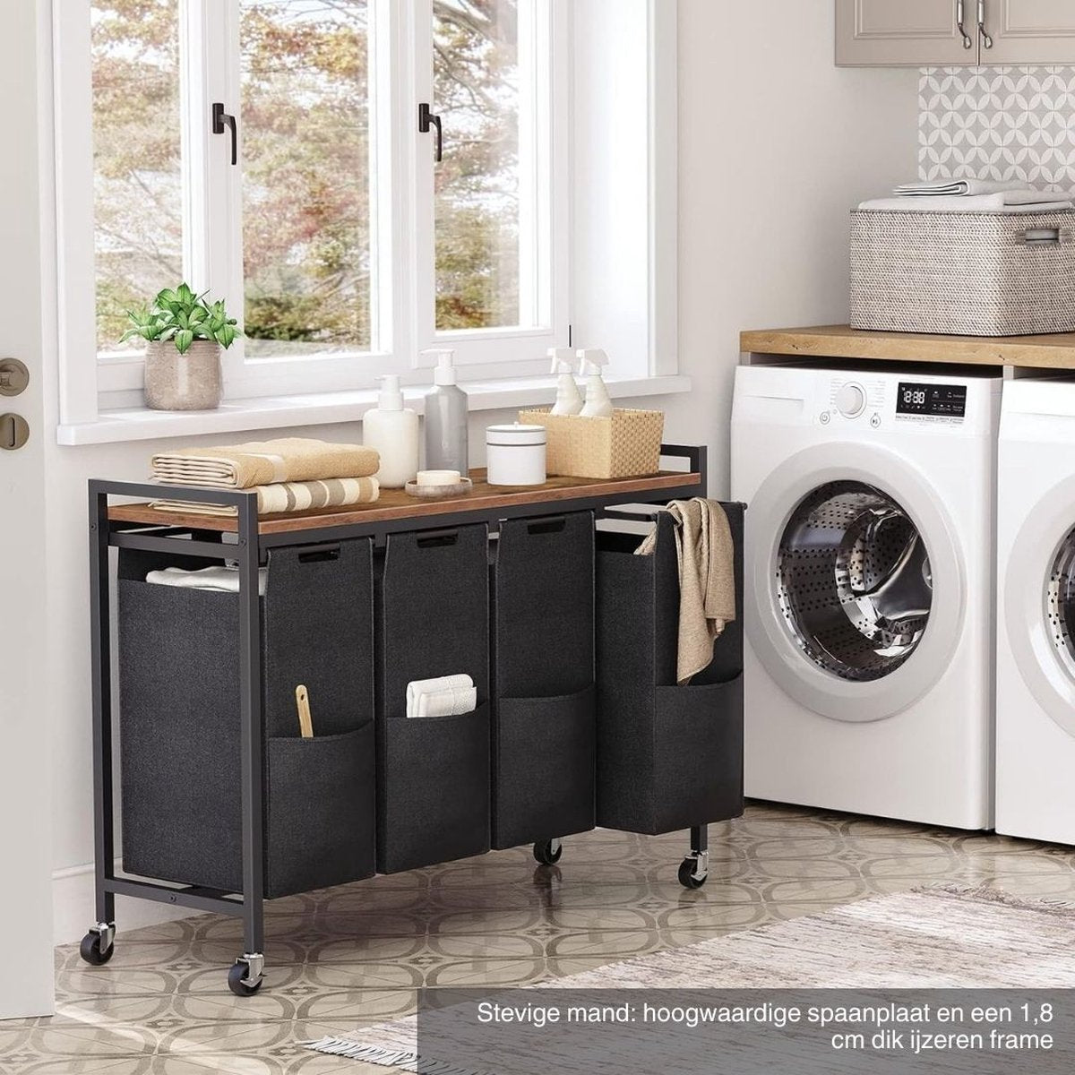 Laundry sorter 4 compartments - Laundry basket 4 compartments 4x 39 Liters - Laundry basket with storage shelf - Laundry sorter - Double laundry basket - Duo Laundry basket - Laundry baskets - Black